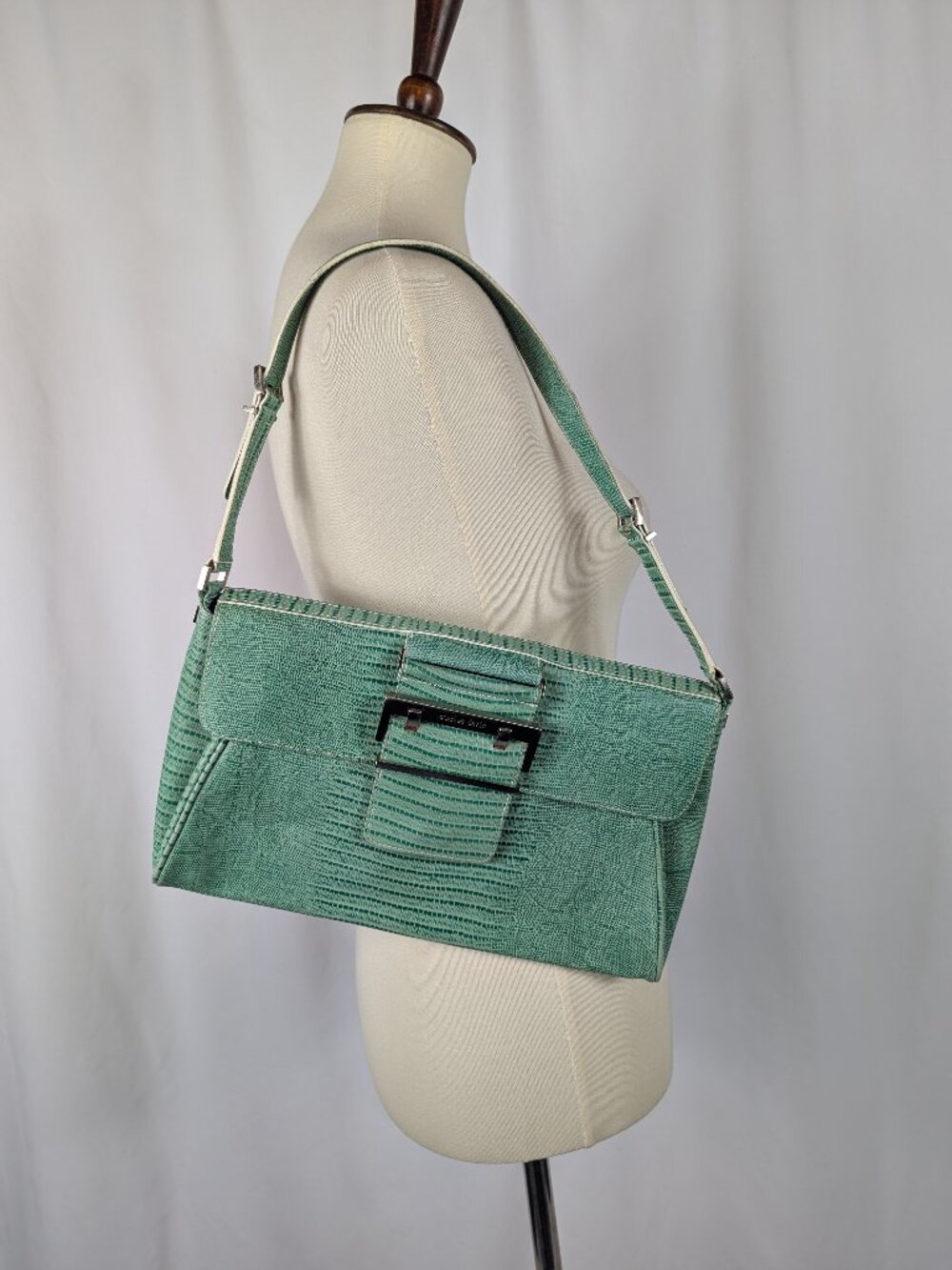 Charles David Green Teal Snakeskin Purse Shoulder Bag Y2K Silver Buckle Leather